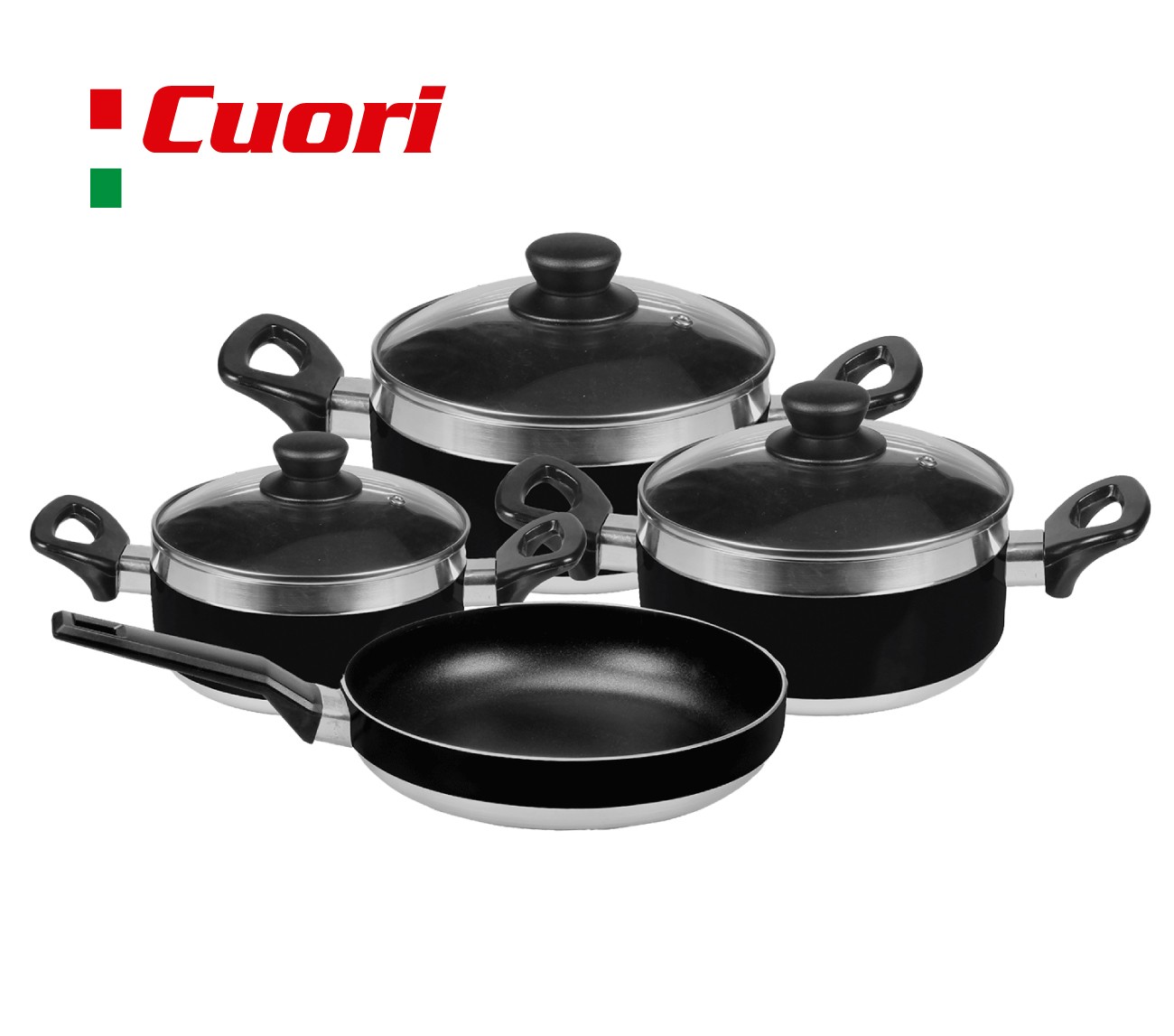 Bateria de cocina Cuori 7 piezas. Aluminio de alta calidad espesor 2,5 mm. Interior doble estrato de cerámica natural. Exterior pintura simil cobre resistente a altas temperaturas. Tapas de vidrio templado con orificio para salida de vapor. Cortafuegos, mangos, pomelas y asas de acero inoxidable. Composición : cacerola 24 cm, x 10,5 cm (4,8 L), cacerola 20 cm x 8,5 cm (2,7 L), cazo 18 cm x 8 cm (2 L) y sartén 24 cm. Apto para todo tipo de cocina: eléctrica, gas, vitro cerámica e inducción.      